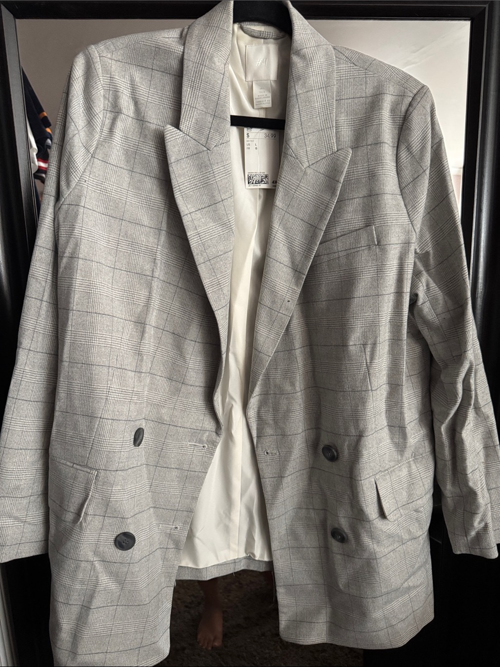 H&M Light Gray Glen Plaid Double-Breasted Blazer